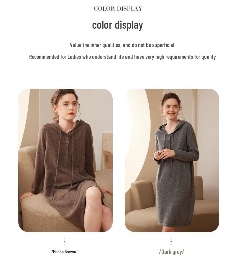 Women's Hooded Cashmere Dress with Pockets - Mid-Length, Loose Fit, Autumn/Winter 2024 Collection