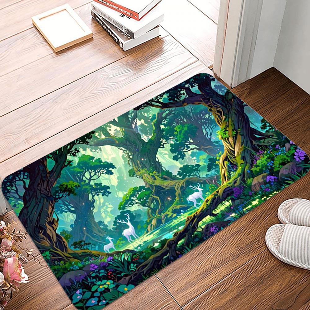Ancient and Mysterious Primitive Forest Doormat Cherry Blossom Waterfall Welcome Mat Afternoon Sunshine Welcome Mat Encountered