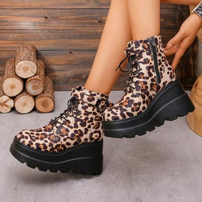Nuove Popolari Scarpe da Donna Taglia Larga Stivaletti da Donna Piattaforma Stivali Moderni Donna Leopardo Zip Laterale Allacciatura Frontale Zeppe Scarpe
