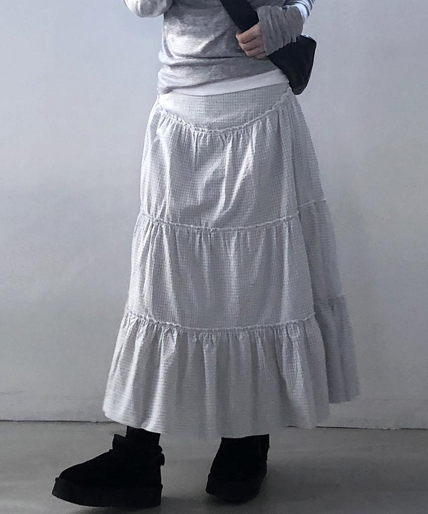 Chix Check Tiered Long Skirt Sky Blue