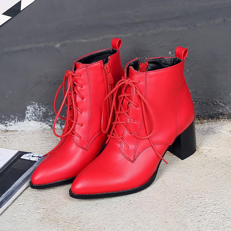 Fashion Fashion Ankle Boots for Women Casual Lace Up Autumn Spring Short Boot Female Thick Med Heel Black Red Shoes Lady Big Size 45 46
