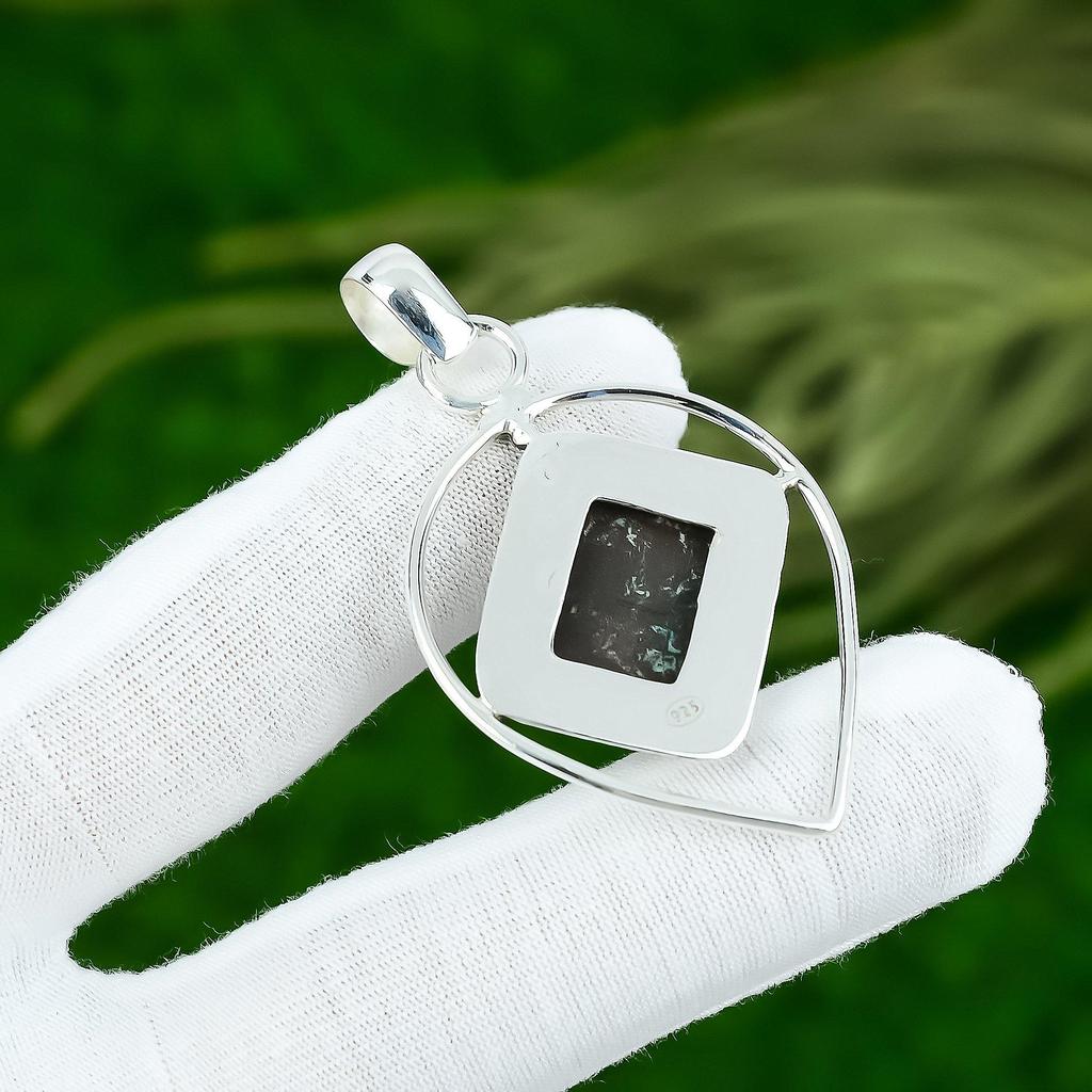 Rectangle Tibetan Turquoise Stone Artisan Wedding Bezel Pendant Sterling Silver