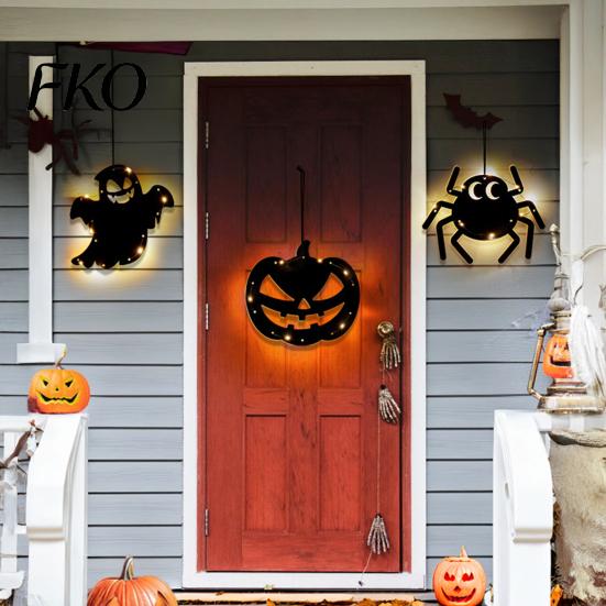 Cool Halloween Designs Pumpkin Hanging Decor, Non-Woven Ghost Ornament with Light String, Spooky Holiday Decorations Door Wall Decor for Party