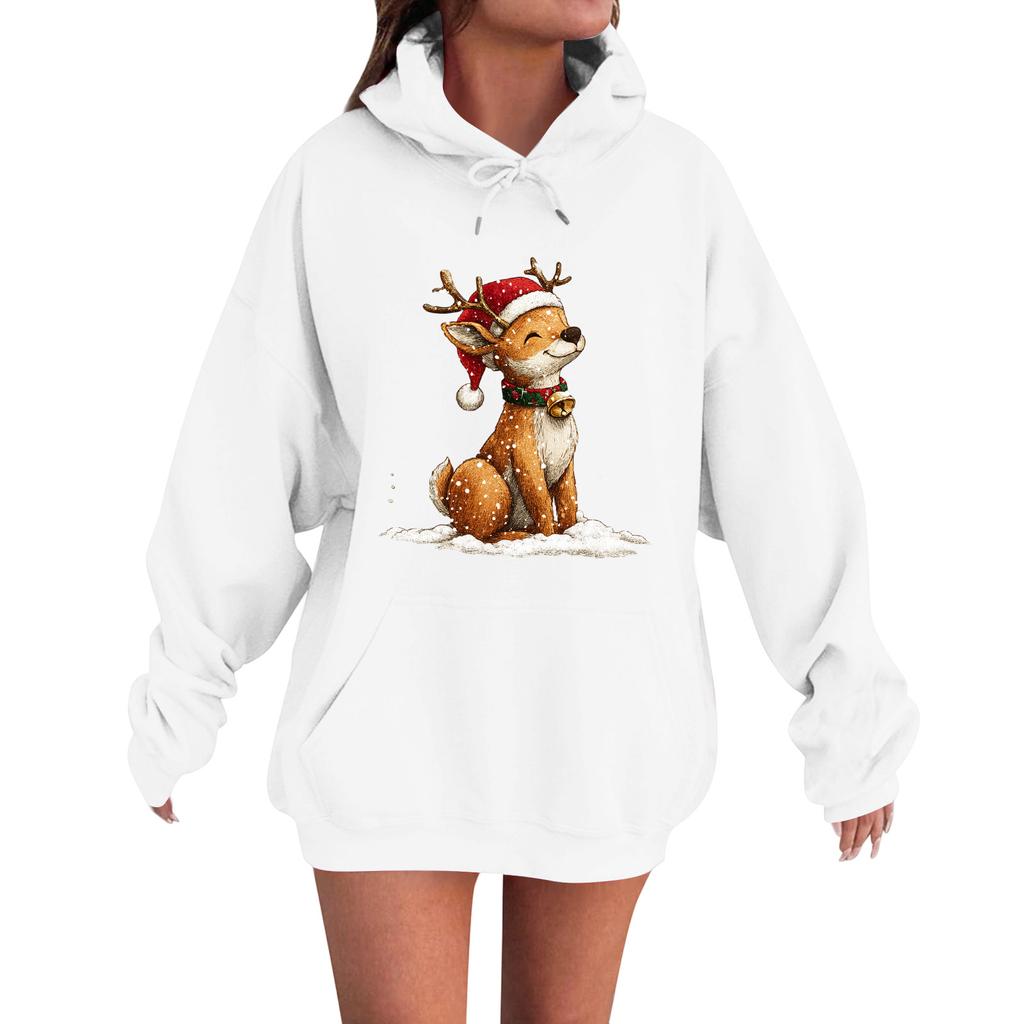 Dámská módní ležérní mikina s dlouhým rukávem, volná, s vánočním potiskem a kapucí