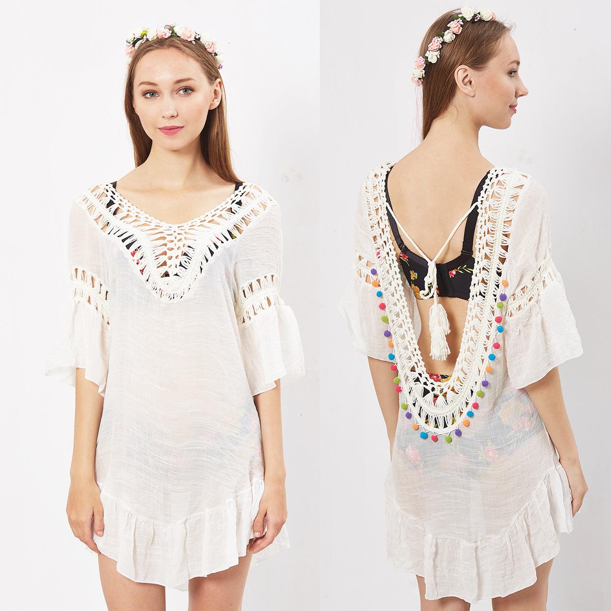 

Шикарный вязаный крючком пляжный топ на бретелях с разноцветными кисточками One Size белый