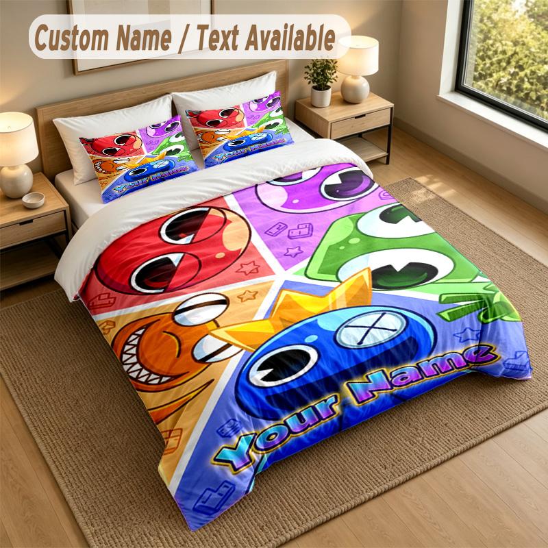 Custom Name Text Bedding 3Pcs Set,Rainbow Friends 1 Duvet Cover 2 Pillowcases Soft Bed Linen For Gift