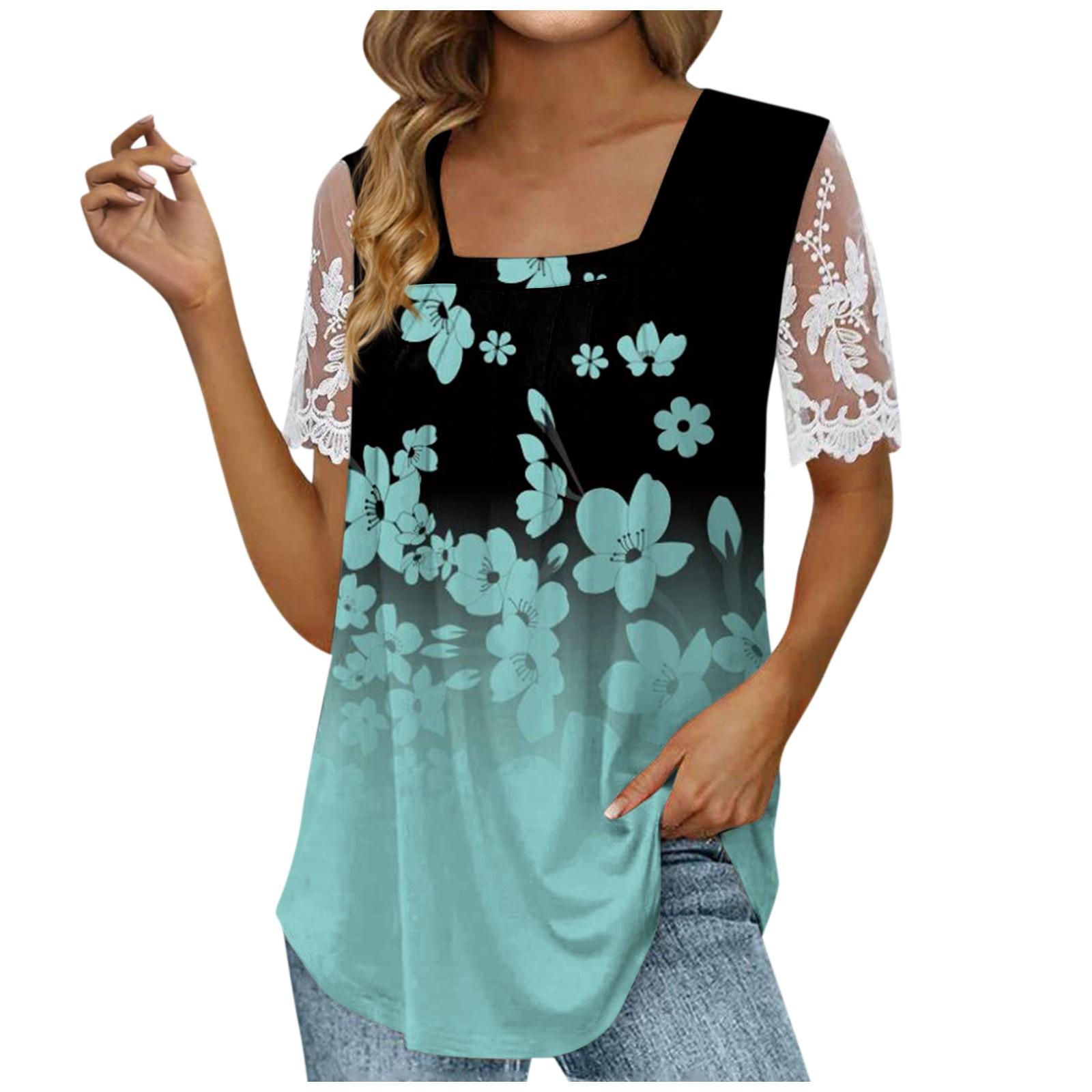 Женская плиссированная кружевная футболка с квадратным вырезом и коротким рукавом — фото 3