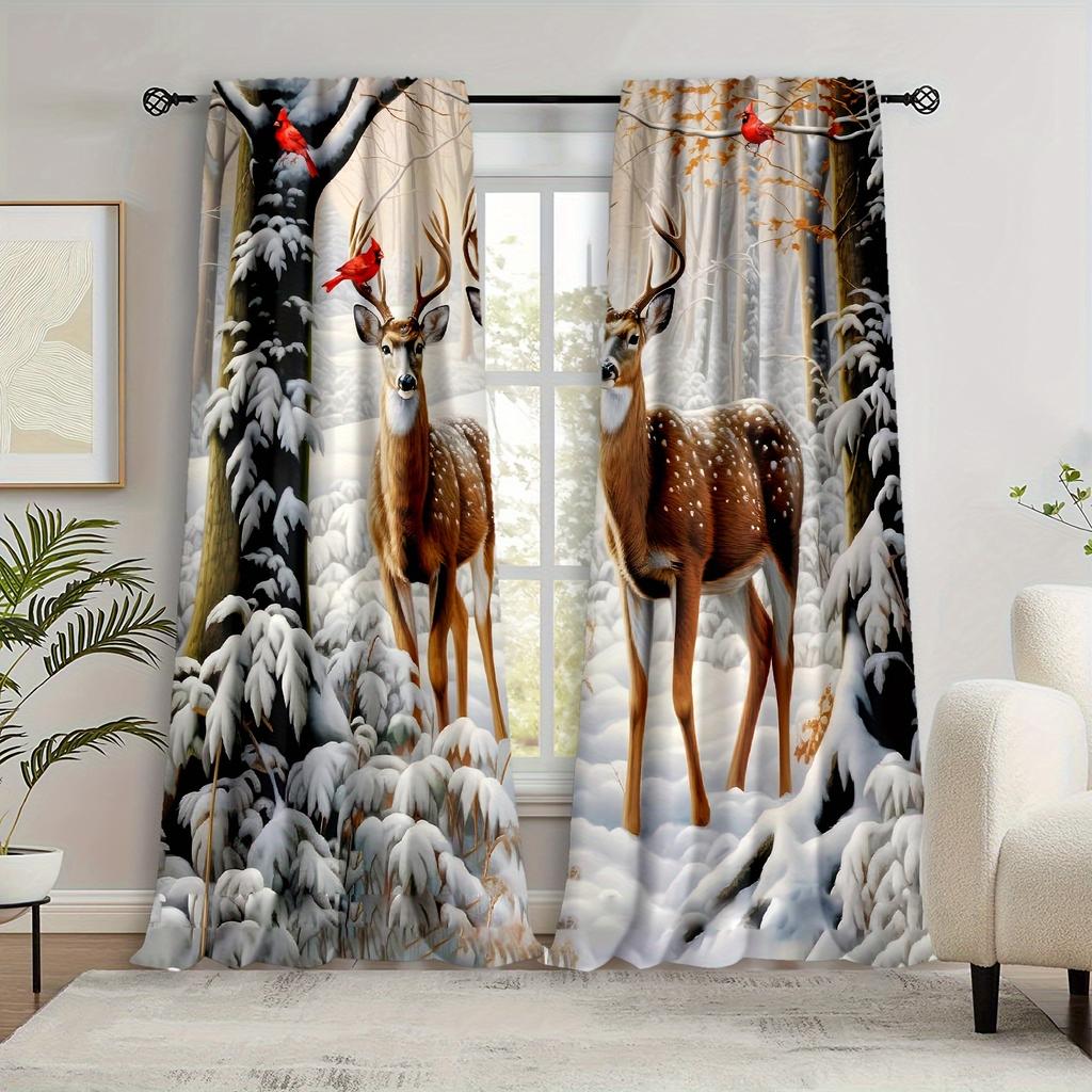 Christmas Elk Snow Curtains Hd Digital Print Design Living Room Bedroom Study Window Decor Curtain Set Of 2 Made Polyester With Rod Pocket Washable