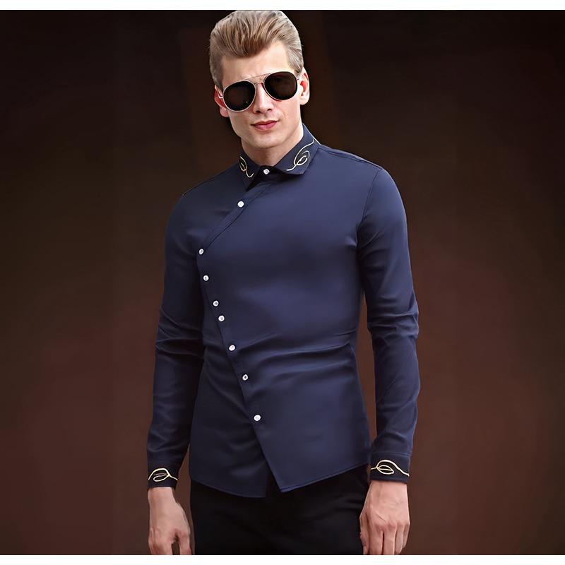 Heren Navy Blauw Diagonaal Knoop Dress Shirt, Gouden Borduurwerk Slim Fit Lange Mouw Shirt