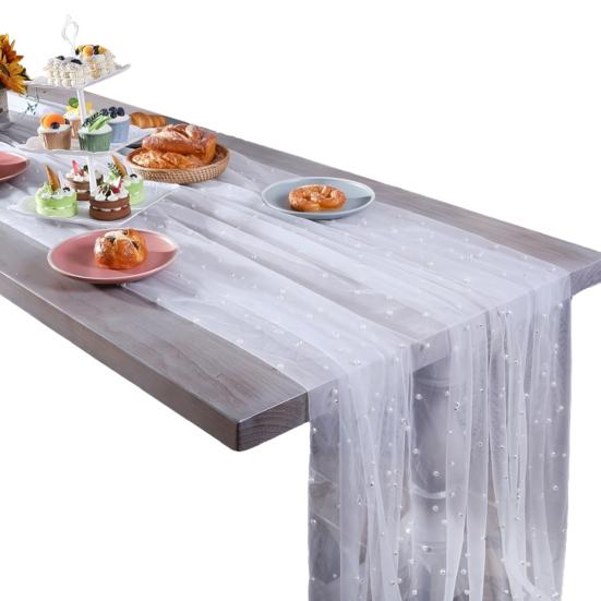

9.8FT марлевая дорожка для стола из шифона, дорожка для стола с искусственным жемчугом, декоративная скатерть для обеденного стола для домашнего дня рождения, праздничной вечеринки 300cm