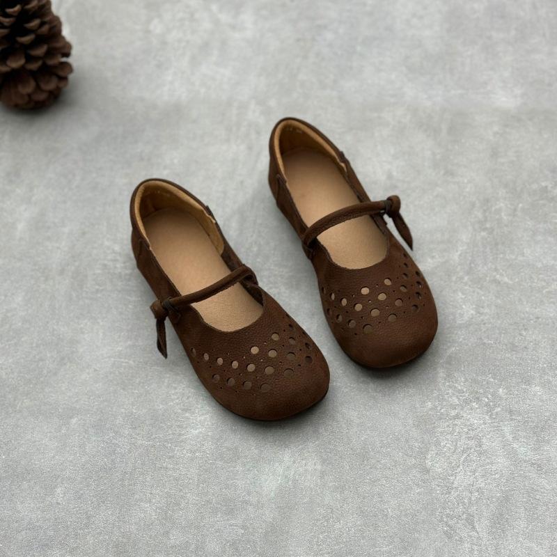 Johnature Handmade Genuine Leather Hollowed Out Women's Flat Shoes Retro Round Toe Soft Cowhide Sandals