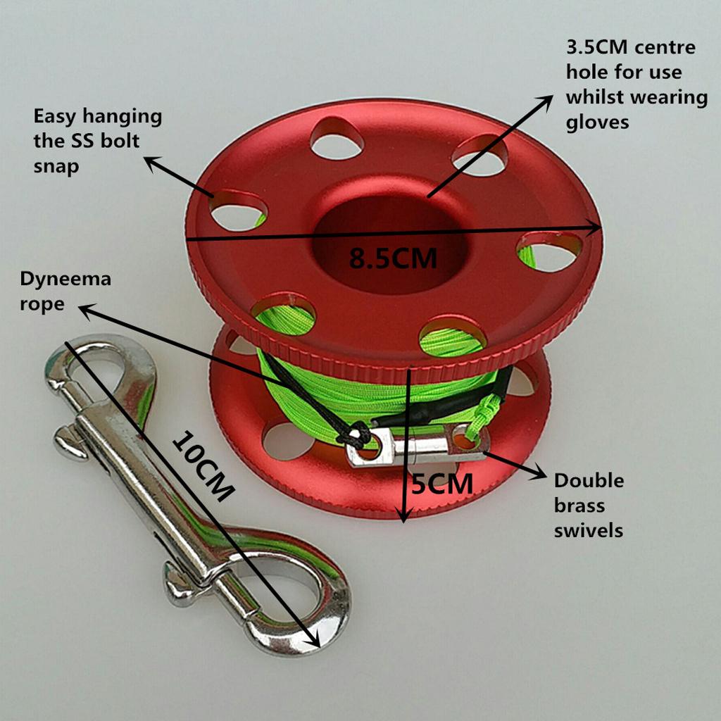 DIVETEC 98FT SCUBA DIVING REEL: Aluminum Finger Spool With Stainless Steel Double-End Bolt Snap, Bright Color Nylon Line, Large Center Hole, And Easy To Hang Buckle For Wreck And Reef Diving (GREEN - View #3
