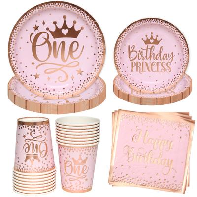 Dievča z ružového zlata Jednoročné narodeniny Jednorazový riad Princezná korunka taniere Papierové poháre 1. dievčatko Happy Birthday Party Dekor