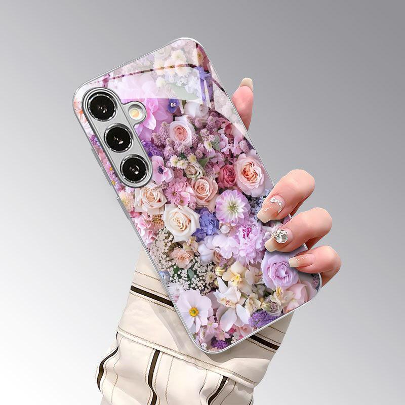 Floral Bloom Pattern 2D Phone Case for Samsung S26 S25 S24 S23 S22 S21 S20 A56 A36 A16 - Electroplated Glass Protective Cover
