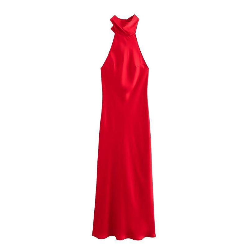 Fashion Style 2024 Fall and Winter New Women's Clothing Hanging Collar Silk Satin Texture Sleeveless Dress 8739331