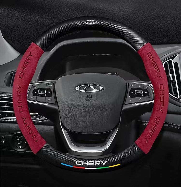 For Chery Tiggo 3 4 5 7 Pro 8 Plus Arrizo 7 GX 5x EQ7 Fulwin 2 Eastar A3 A5 Car 3D Logo Suede Carbon Fiber Steering Wheel Cover