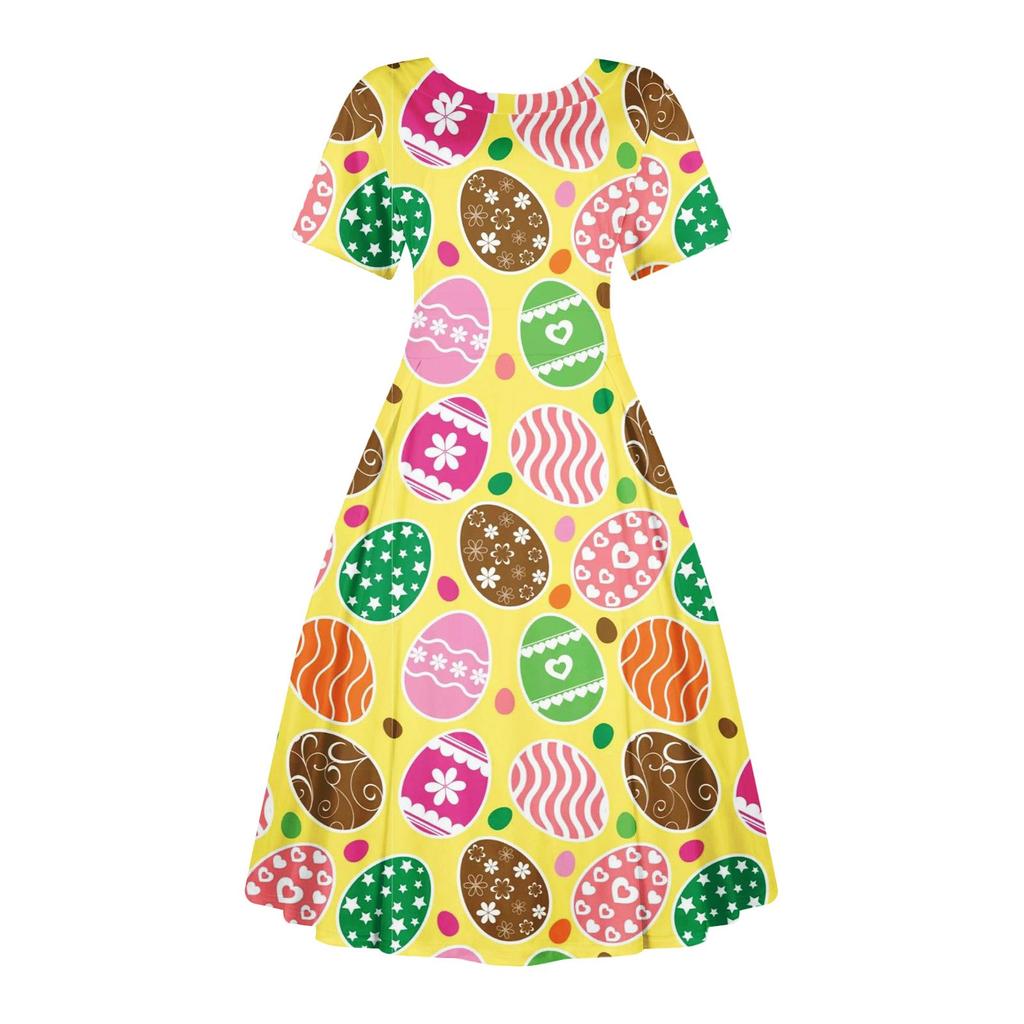 Women's Casual Fashion  Dress Easter Printed Round Short Sleeve Waisted Mid-Length Swing Dress (with Zipper)