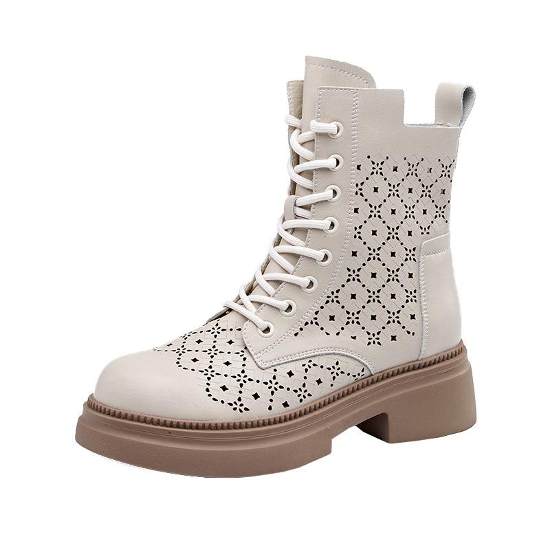 

2025 spring new small size hollow Martin boots for women, thick-soled inner height-increasing women s leather boots, lace-up casual women s shoes 32