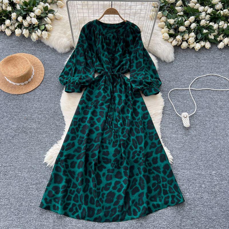 

French Style Retro Minority Print Dress Female 2024 Autumn Lace-up Waist-Controlled round Neck Lantern Sleeve Slimming Long Dress Green One size