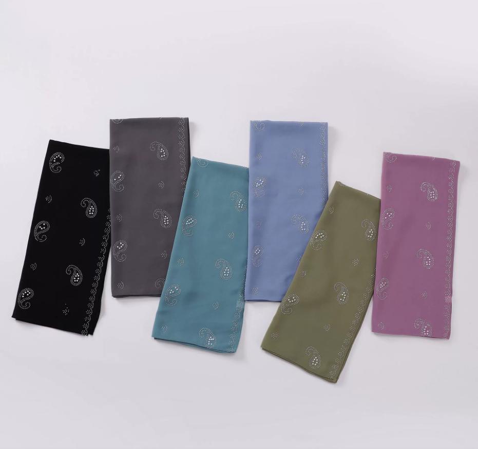 Fashion Muslim Chiffon Hijab With Rhinestones Diamonds Solid Headscarf Wraps Ramadan Islam Scarf For Women Turban Headband