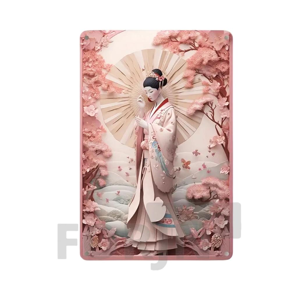 2D Japanisches Kunstposter Kimono Kirschblüten, elegantes Retro Geisha Metallschild, Zuhause, Zimmer, Büro, Izakaya, Café, Studio Wanddekor
