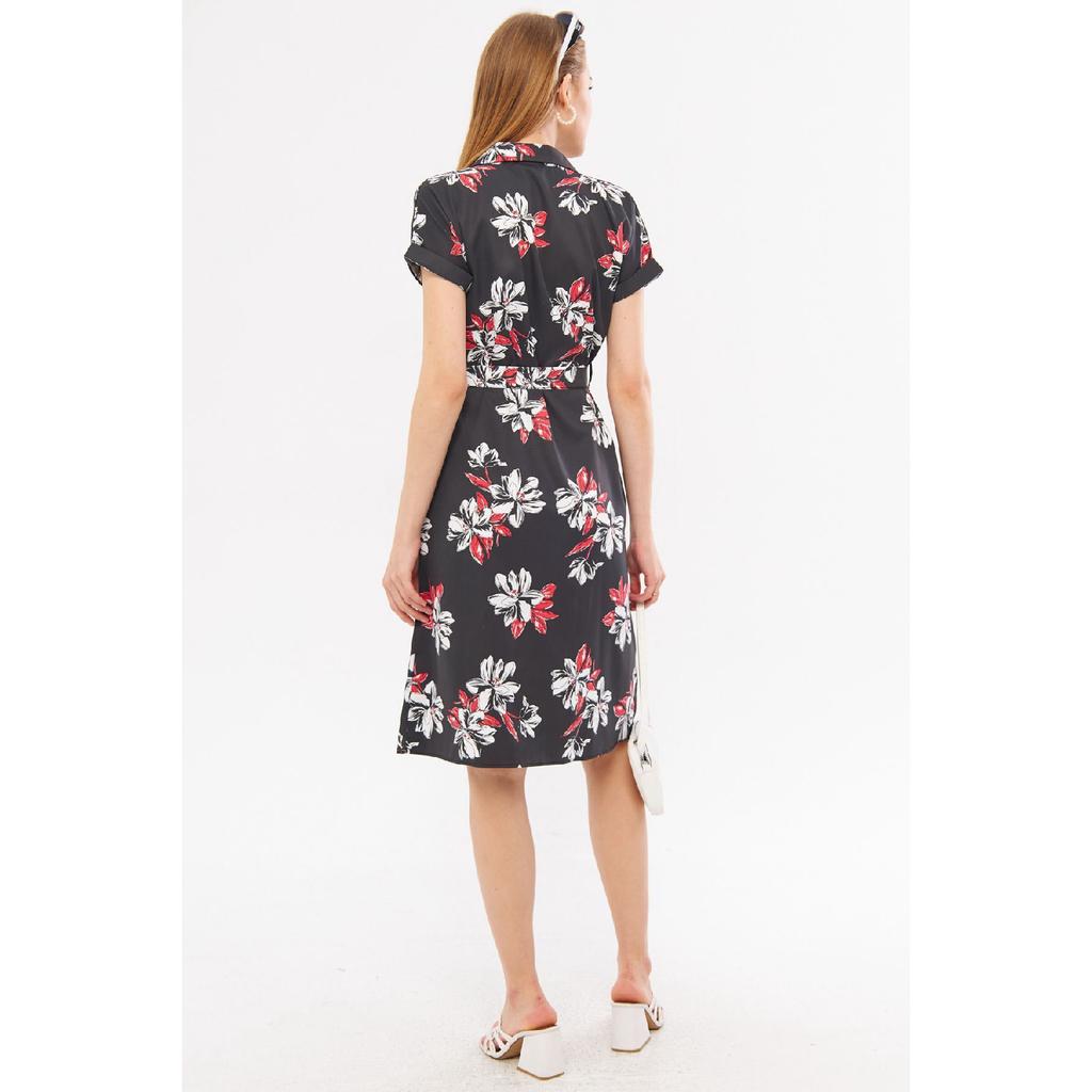 Women's Navy Blue Big Floral Belted Short Sleeve Shirt Dress Arm-22y001007