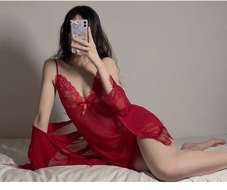 Strappy Lace Nightgown & Tie-Up Robe Set: Tempting Lingerie Homewear for Women