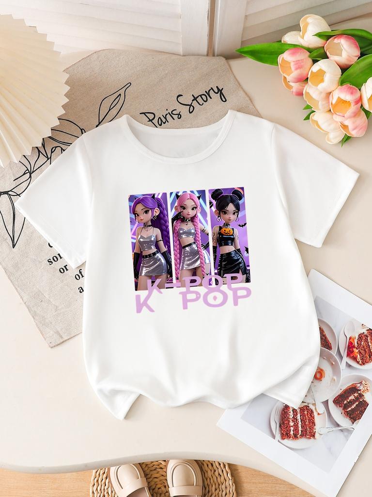 Girls K-POP Halloween Demon Idol Print Short Sleeve T-Shirt Cute Cartoon Graphic Tee Kids Summer Casual Top