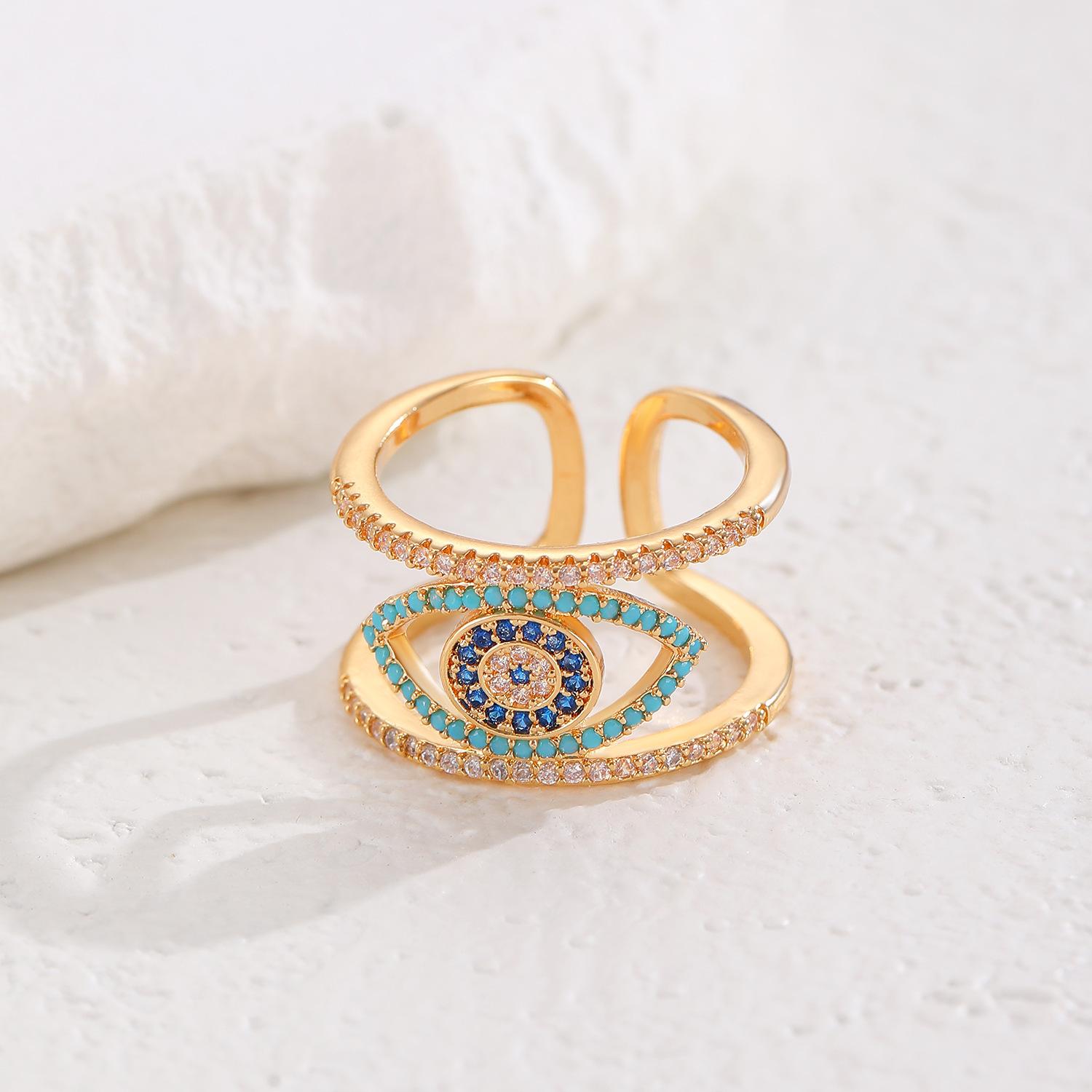 High-End Devil Eye Open Ring European American Exaggerated Hollow Micro Inlaid Zircon Copper Gold Plated Versatile Fashion Women Ring