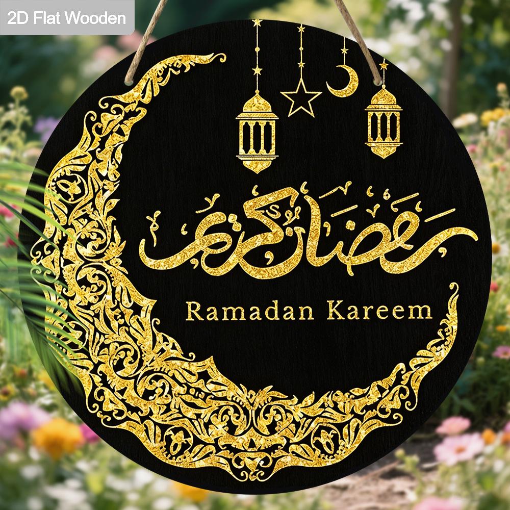 2D Flat Black & Gold Ramadan Round Wooden Hanging Sign - Islamic Calligraphy & Moon Design Decor for Ramadan, Eid, Muslim Home, Front Door