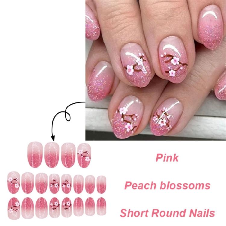 24 Pcs Peach Blossoms Stick On Nail Simple Artificial Nail Short Round False Nail Glittering Press On Nail for Woman