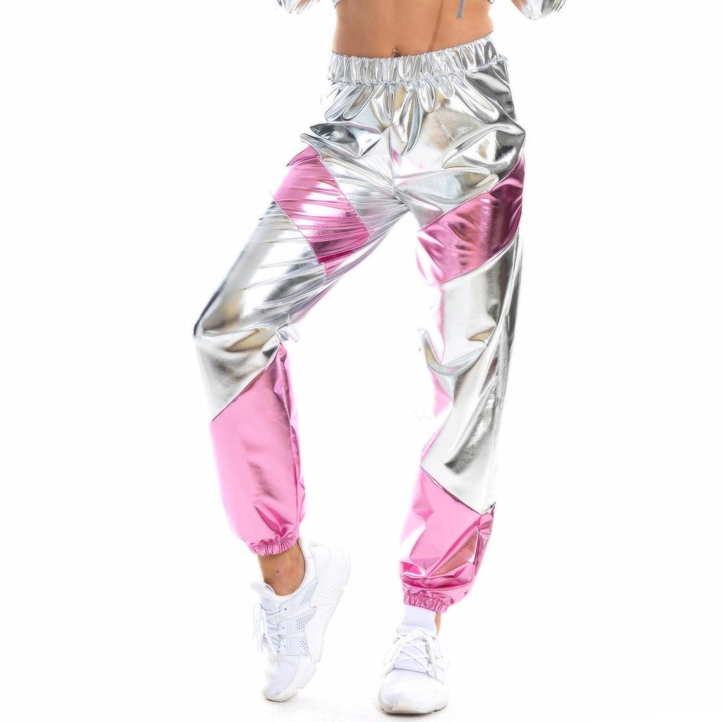 Kadın Metalik Parlak Jogger Pantolon Yüksek Bel Kargo Pantolon Hip Hop Pantolonu Kulüp Disko Dans Giyim İçin
