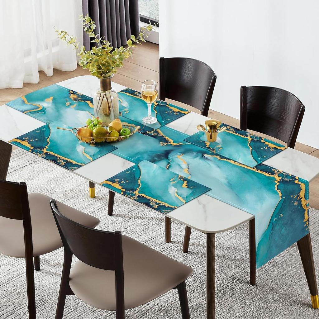 Bonhause Turquoise Marble Placemats Set of 4, 12x18 Inch Teal Gold Modern Abstract Art Kitchen Dining Table Mats Washable Place Mats for Indoor