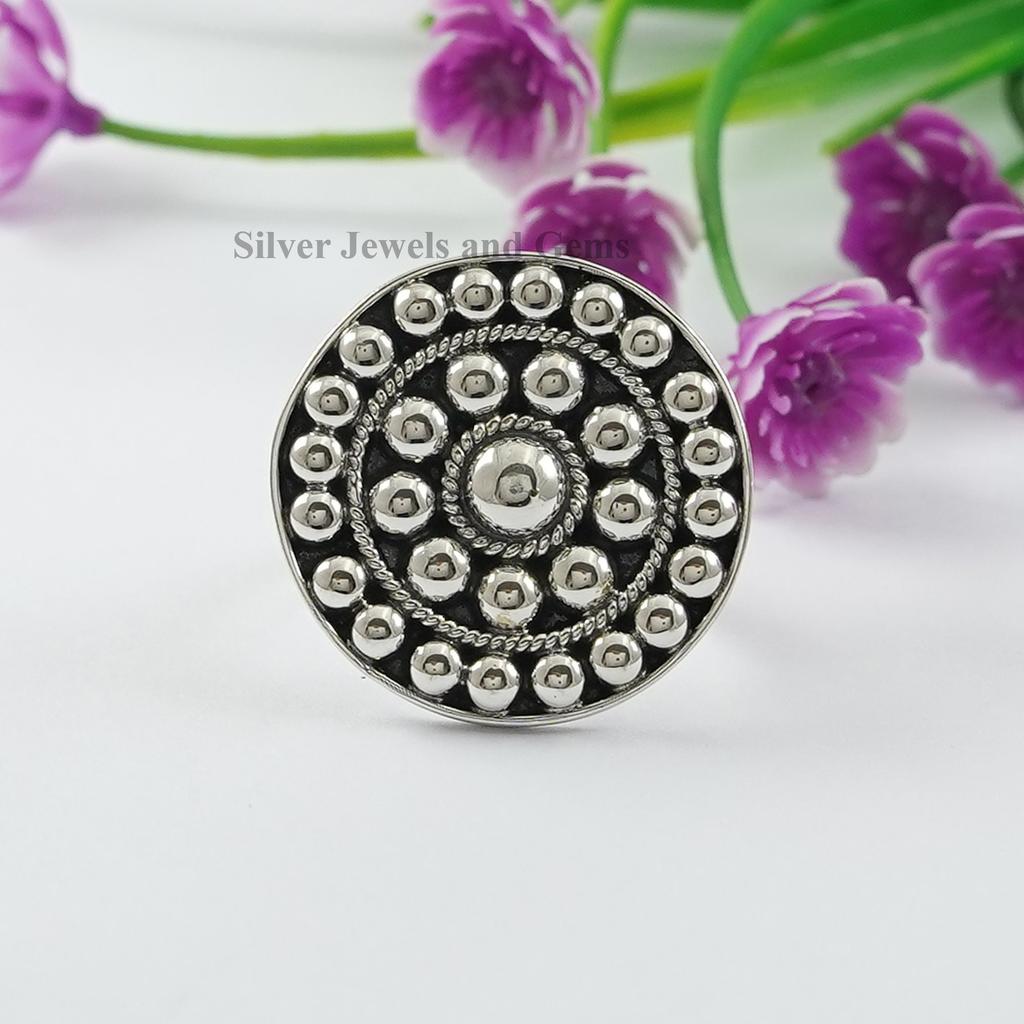 925 Sterling Silver Ring, Puffy Beads Round Ring, Handmade Ring, Wedding Ring, Adjustable Band Ring