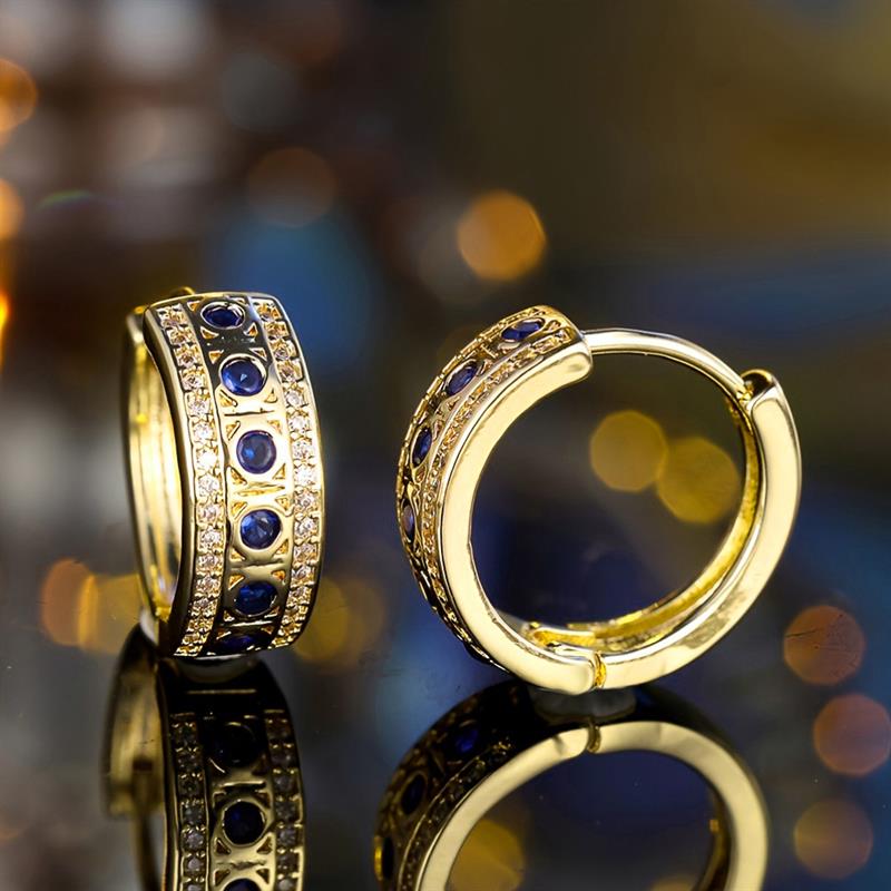 Huitan Noble Women Gold Color Hoop Earrings Inlaid Shiny Blue CZ Bohemian Style Party Lady Accessories Gentle Fashion Jewelry