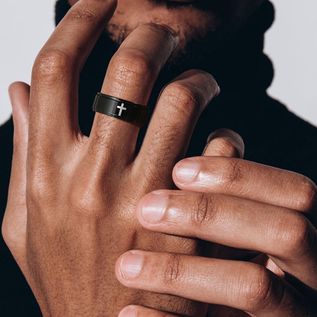 Vnox Spinner Kreuzring für Herren, Schwarz Edelstahl Drehbar Stressabbau Fingerband, Jungen Christus Jesus Religion Ring