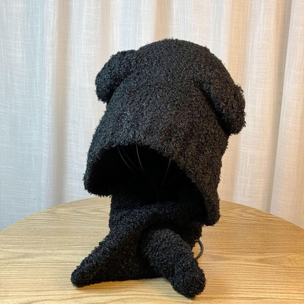 Versatile Cute Little Bear Hat for Women In Autumn and Winter Lamb Velvet Warm and Cold Hat Cold Proof Ear Protection and Neck Scarf All In One Hat