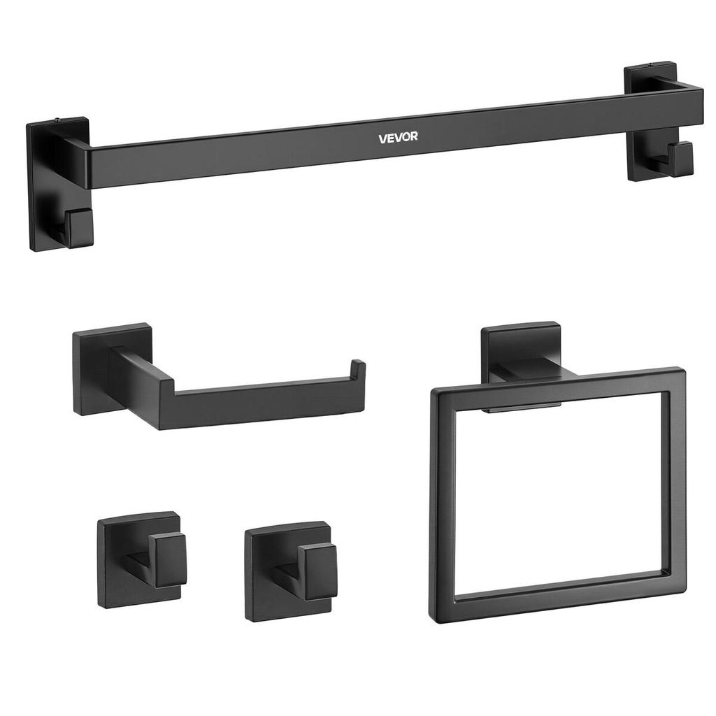 Matte Black Bathroom Hardware Set, 5 Pieces Stainless Steel Bathroom Accessories Set, 24-inch Towel Bar, Towel Rack, 2 Robe Towel Hooks, Toilet Paper