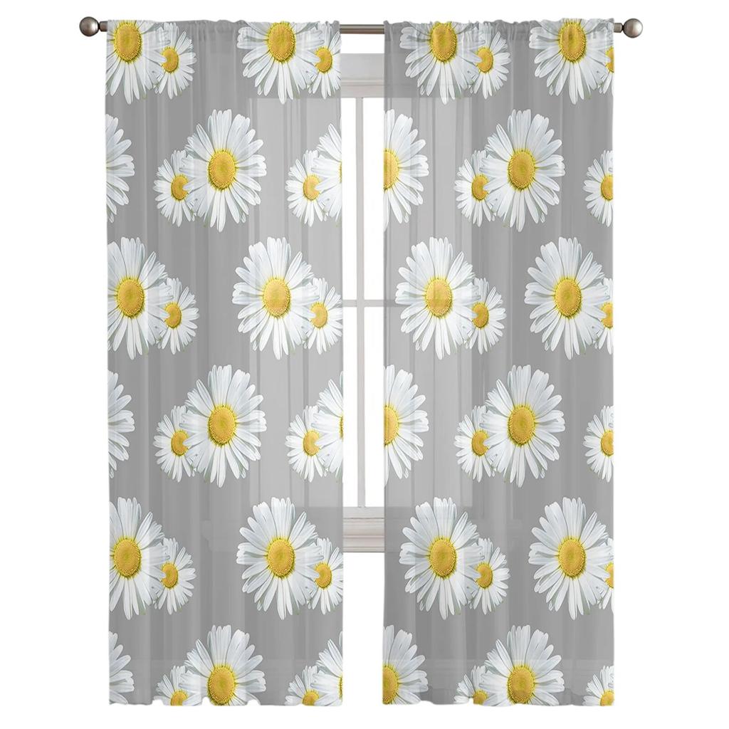 White Daisies Grey Tulle Curtains Living Room Kitchen Chiffon Curtain Bedroom Balcony Sheer Curtain Fashion Home Decor