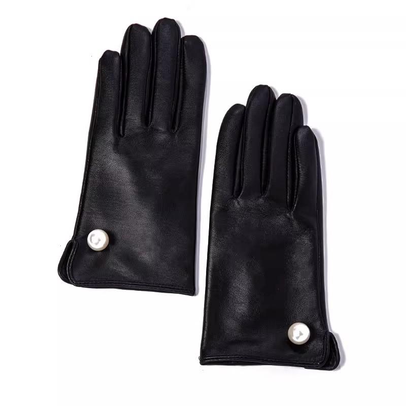 Elegant Women Pearls Sheepskin Genuine Leather Gloves Motorcycle Riding Gloves Female Accessories Mittens Autumn Winter Gloves