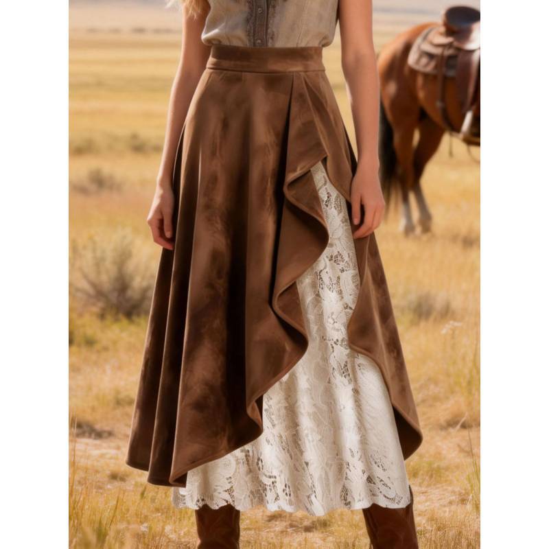 Vintage Western Leather Skirt With Lace Patchwork For Streetwear Fashion