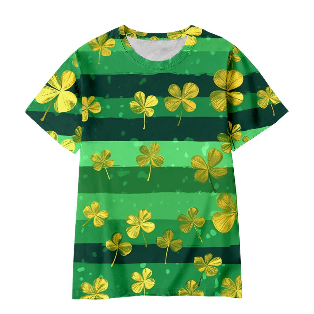Summer Round Neck 3D Green Magic Hat with Clover Print Top Fashionable Casual Short Sleeved Children's Boy and Girl T-shirts