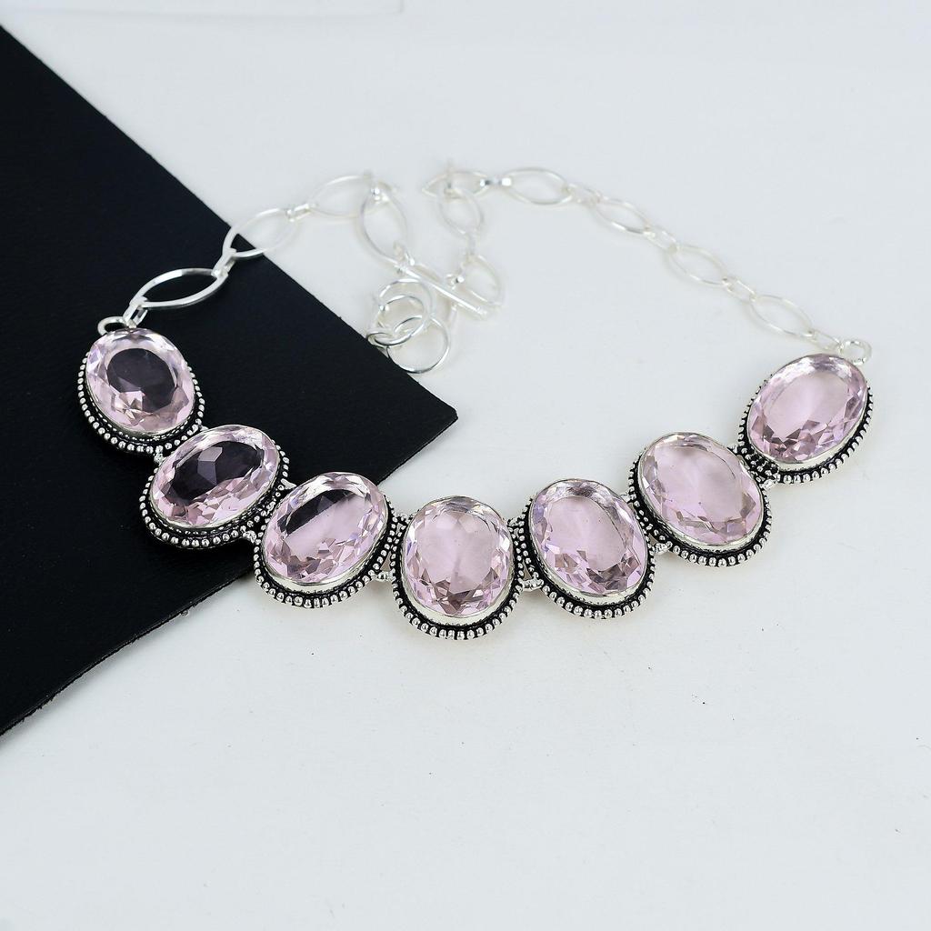 Pink Kunzite Gemstone Handmade 925 Sterling Silver Necklace, Blue Copper Turquoise Silver Necklace For Wife, Unisex Necklace, Christmas Day Gift