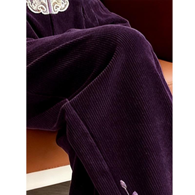 European Cotton Velvet Frog Button Wide-Leg Pants - Dark Purple, Plus Velvet, Chinese Style 2026