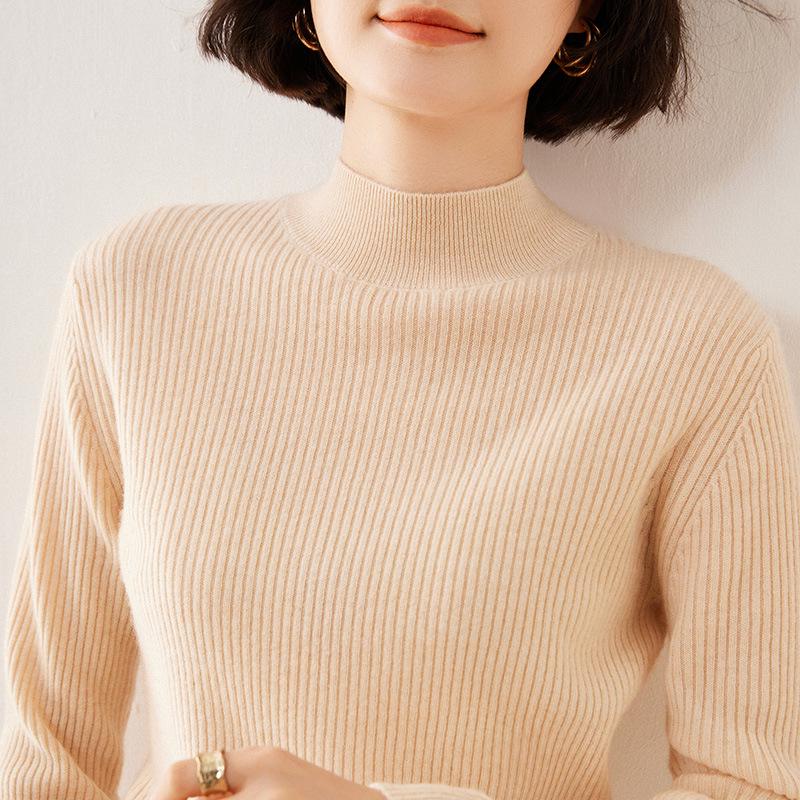 European Style Women's Slim-Fit 35% Cashmere Sweater - High-Neck Knit Base Layer for Autumn and Winter