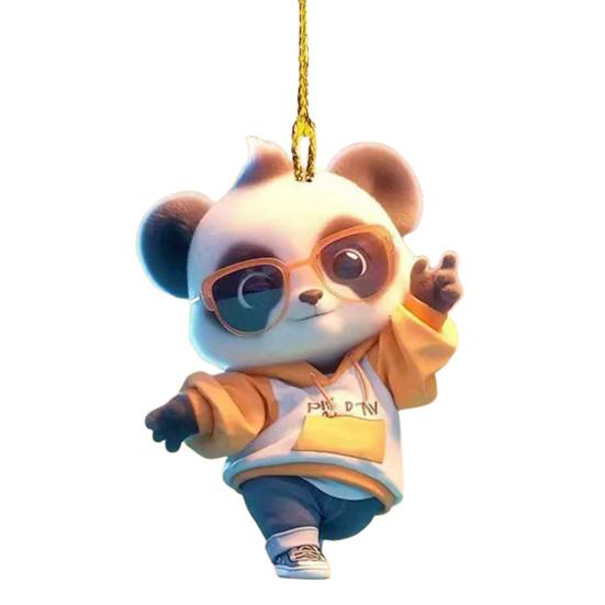 Panda Christmas Ornament 2D Acrylic Cartoon Panda Christmas Tree Hanging Ornament Cute Car Interior Accessories for Car Rear View Mirror Xmas