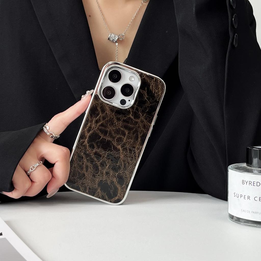 16 Glossy Leather Pattern Electroplating Frame Mobile Phone Case Is Suitable for Apple 15PROMAX Creative 14 Trend 13 Large Holes 12 Stickers