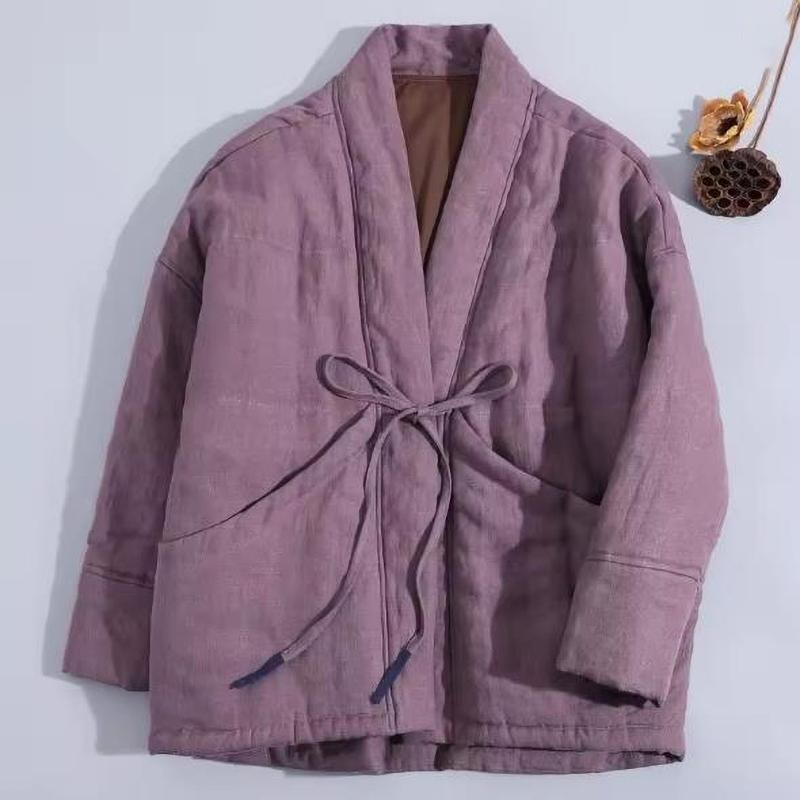 Retro V Neck Tied Padded Coat Fashionable Women's Parka Winter Buddhist Style Loose Overcoat