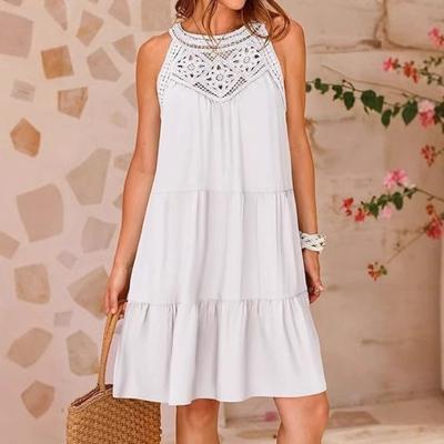 Robe d'été 2025 dos nu ajouré décontractée sans manches A-ligne à volants jupe gilet vacances à la plage mini jupe parapluie 23209#