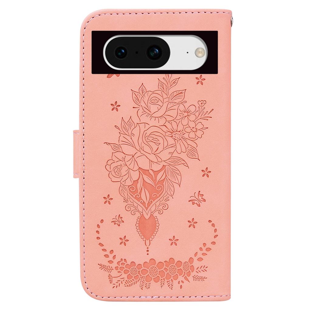 PU Leather Phone Case for Google Pixel 8 Stand Wallet Rose Butterfly Imprinted Phone Anti-drop Cover Shell